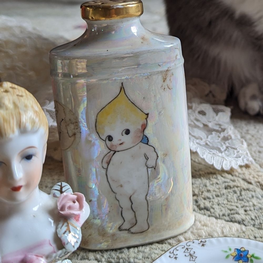 KEWPIE Early 1900s Porcelain Shaker Talc Powder Dresser Jar Hand-Painted